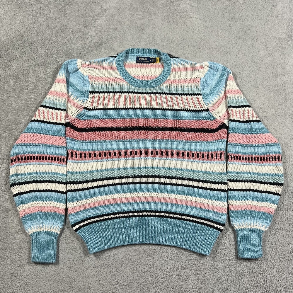 Polo Ralph Lauren Sweater Women Medium Knit Jumper Striped Cotton Linen Crewneck